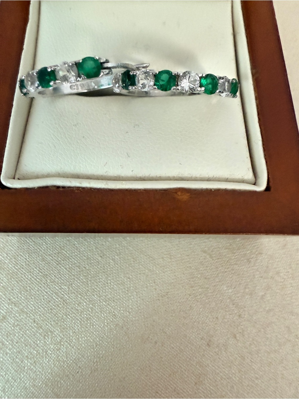 Green emerald rhodium lab created over sterling silver with white sapphire hoops